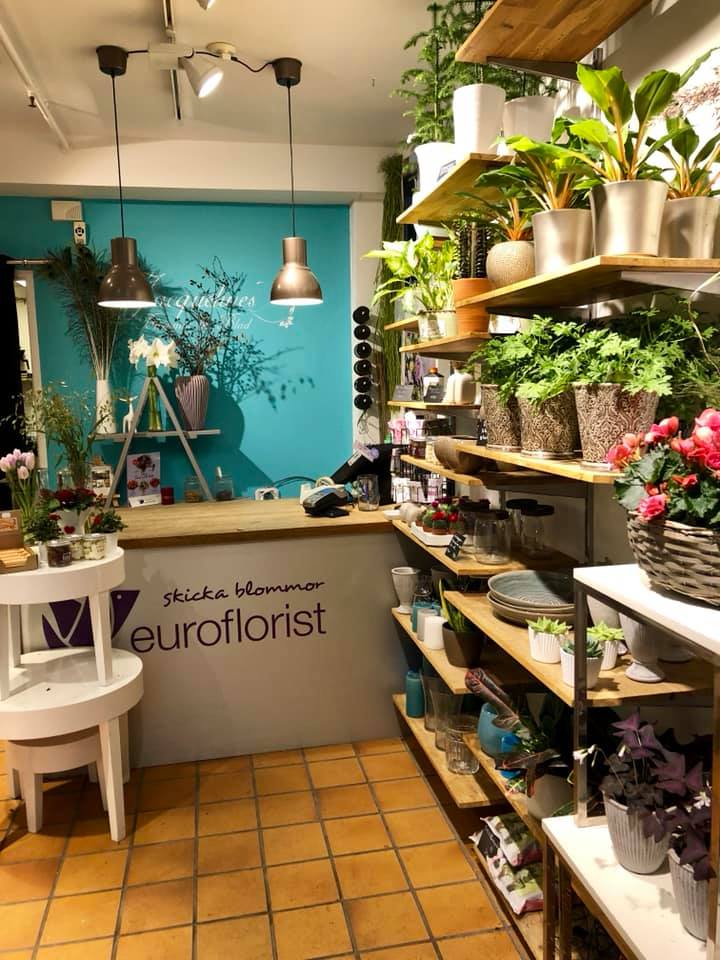 Inne i Jacquelines Blommor & Blad — växter, krukor och färska blommor på hyllorna